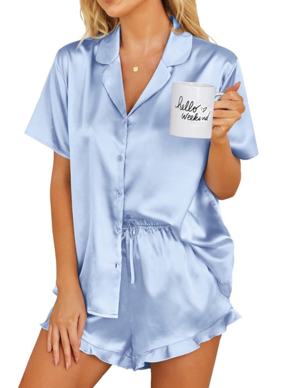 Womens Satin Pajamas Set Button Down Silk Pj Shorts Set with Ruffle